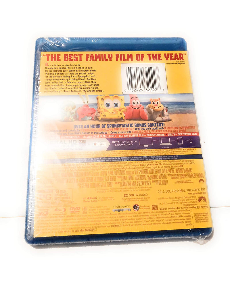 The SpongeBob Movie Sponge Out Of Water Blu Ray 3D Blu Ray DVD Digital HD