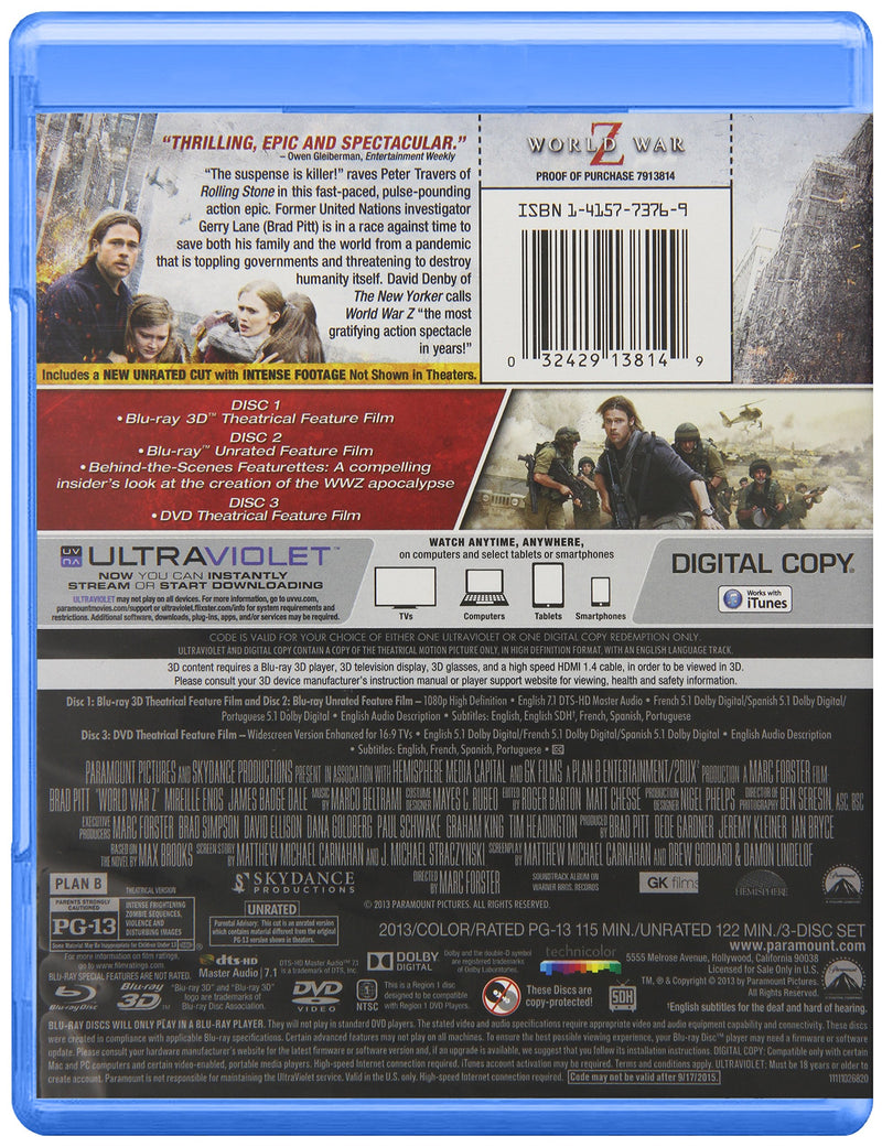 World War Z (Blu-ray 3D + Blu-ray + DVD + Digital Copy)