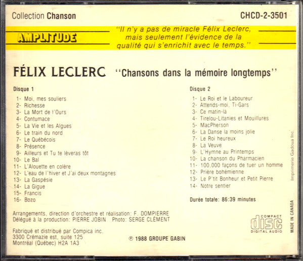 Félix Leclerc / Chansons Dans La Mémoire Longtemps - CD (Used)