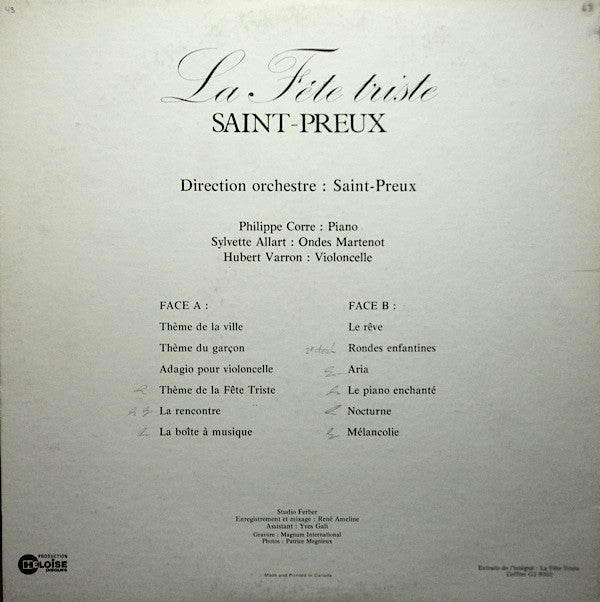 Saint-Preux ‎/ La Fête Triste - LP Used